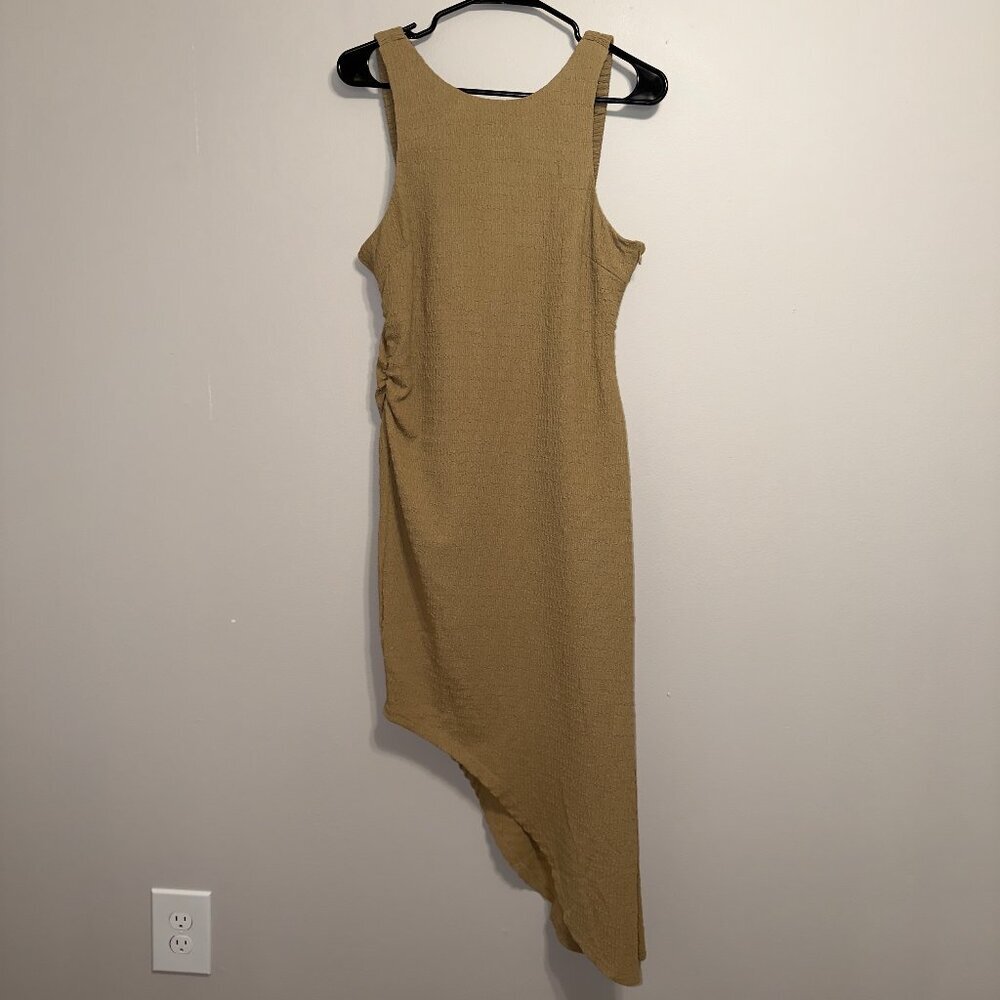 All:Row Tan Asymmetrical Dress Size M Sleeveless Ruched Midi Minimal - Picture 2 of 7